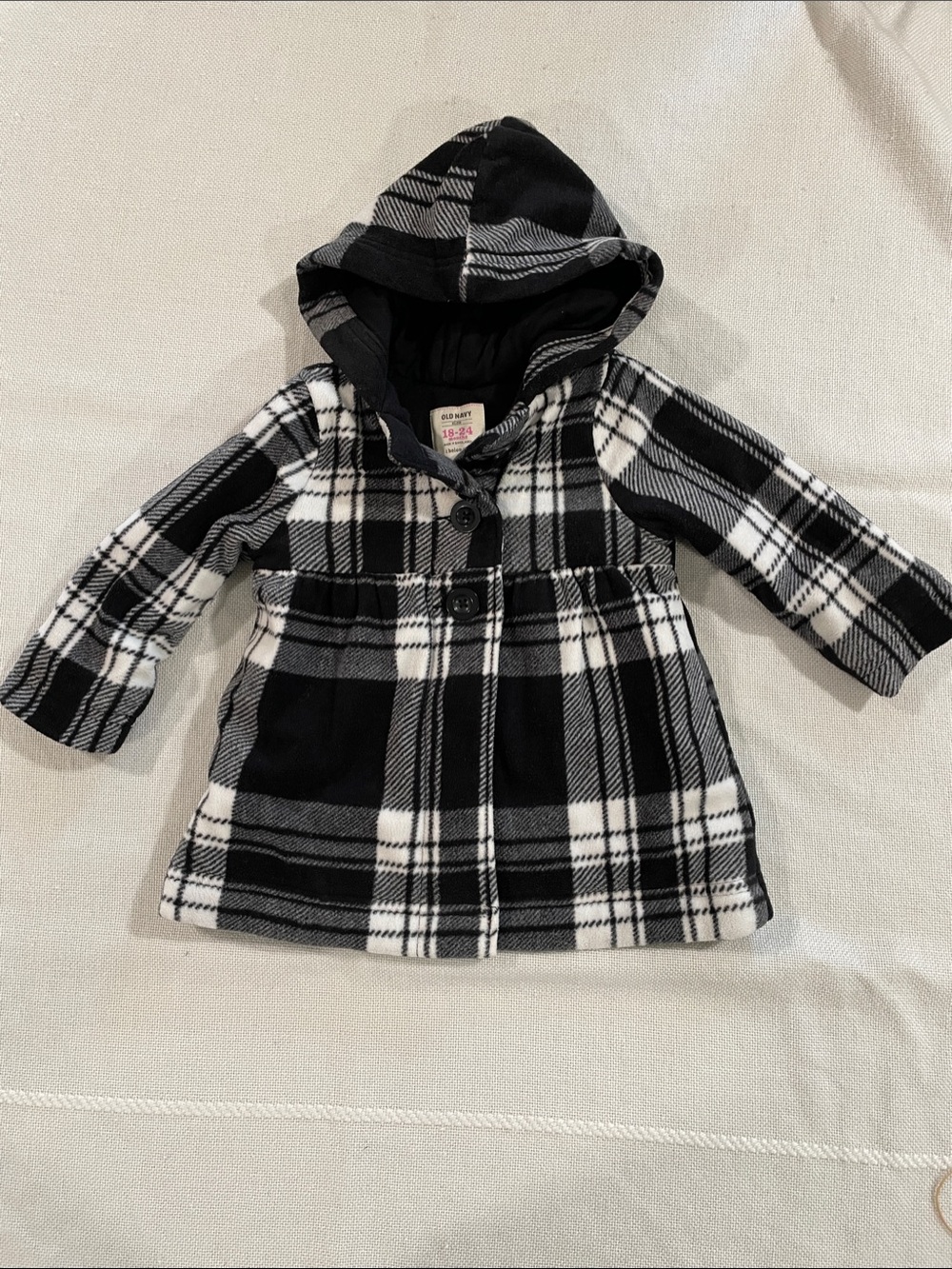 Old Navy Black & White Plaid Hooded Coat 18-24 Months